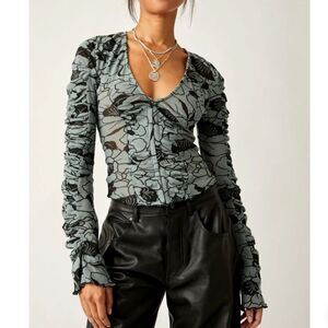 Free People Black and Gray Floral Blouse